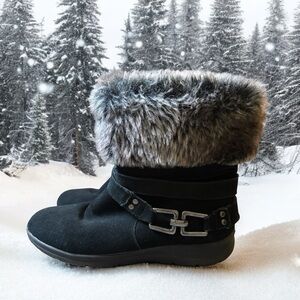 White Mountain Women’s Faux Fur Boots Black SZ 10M Leather Fully Lined Snow Grey